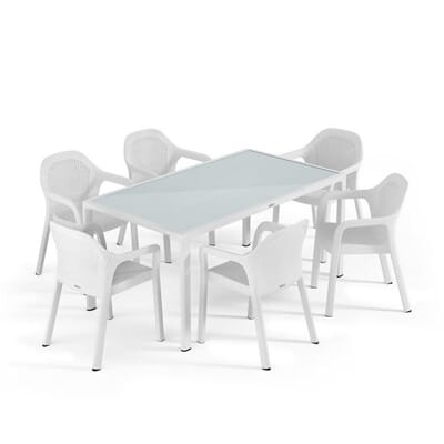 Spisegruppe bord stoler lechuza blomsterkasseriet hvit glassplate.jpg