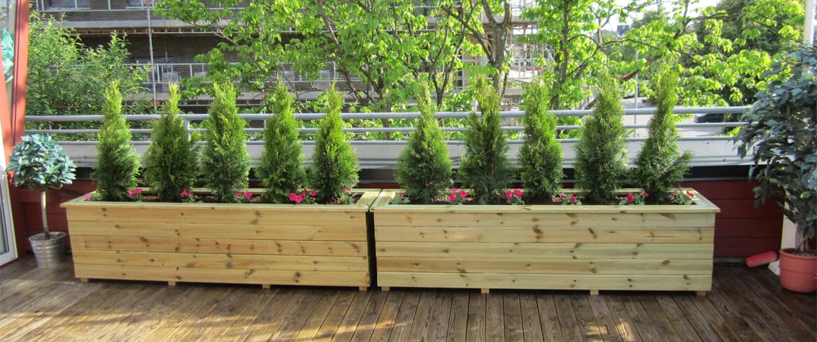 Takterrasse. Isolerte blomsterkasser impregnert furu Blomsterkasseriet plantekasser terrasse tuja skjerming vintergrønt blomsterkasse.jpg